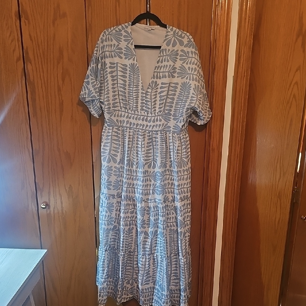 Baltic Born Blue & White Printed Tiered V-Neck Maxi Dress